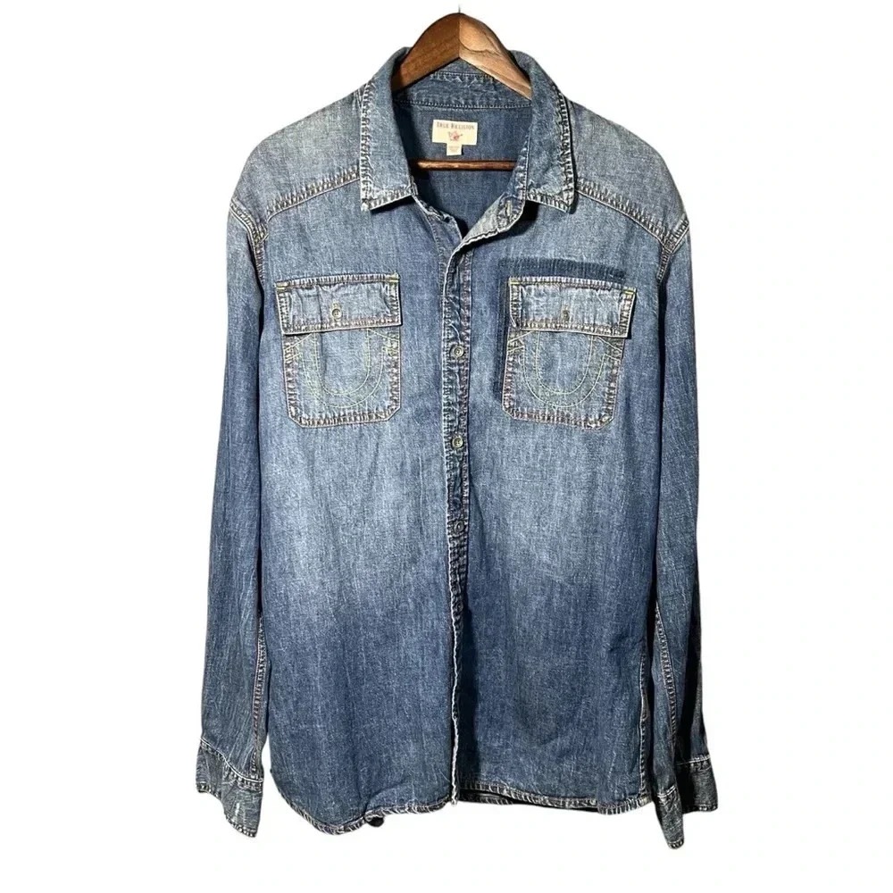 True Religion Men Distressed Faded Blue Indigo Denim Western Button Shir…‎